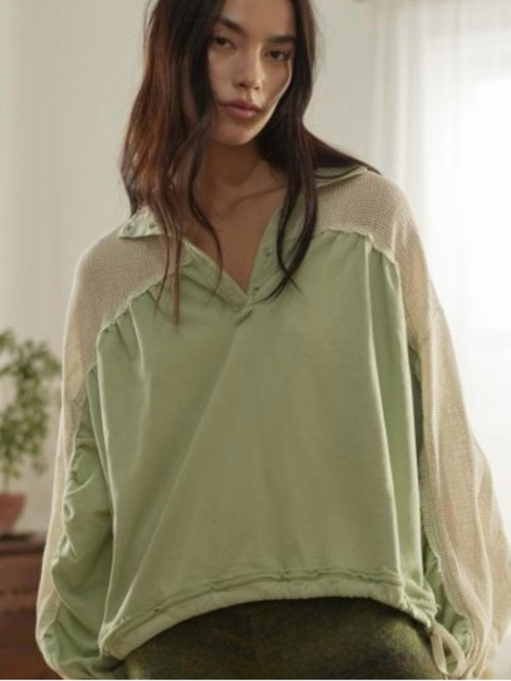 Urban Outfitters Sage Green and Cream Knit-Trim Pullover